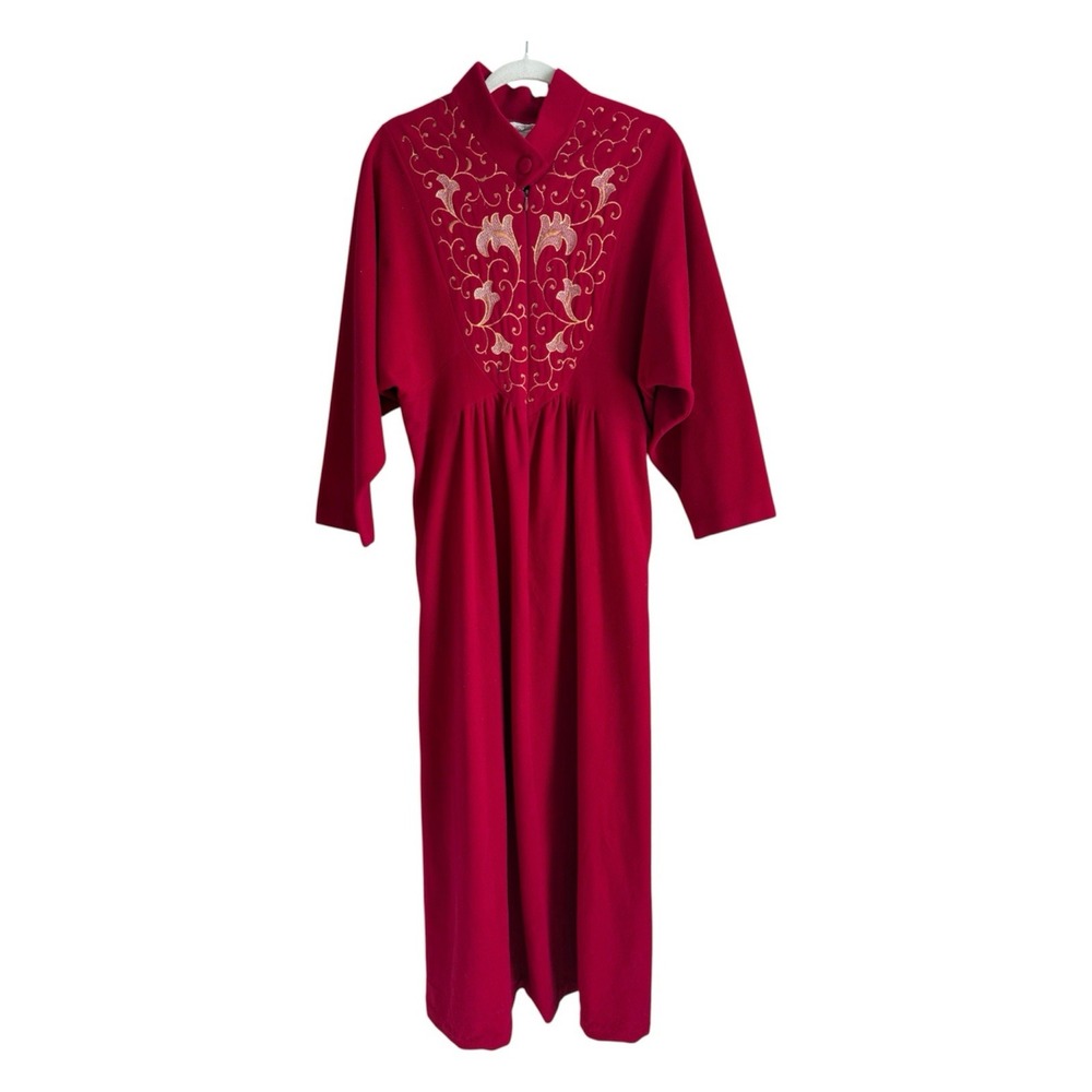 Vtg Vanity Fair Velour Maxi Robe Gown Red Gold Embroidered Zip Housecoat Large